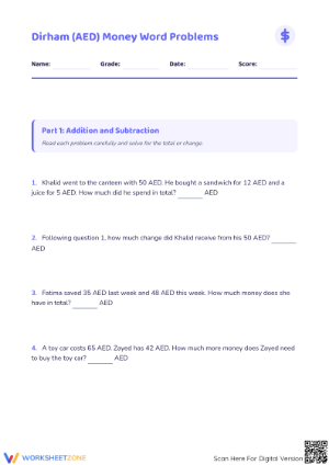 Printable AED Money Word Problems | Grade 3-4 Math