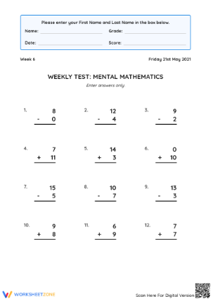 Mental Math Test Worksheet | Essential Grade 2-4 Math Practice