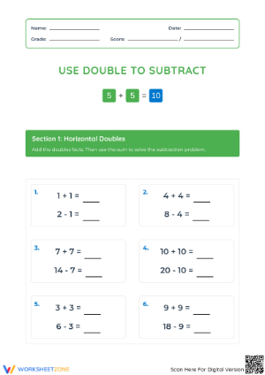 Printable Use Doubles to Subtract Worksheet | Grade 1 Math