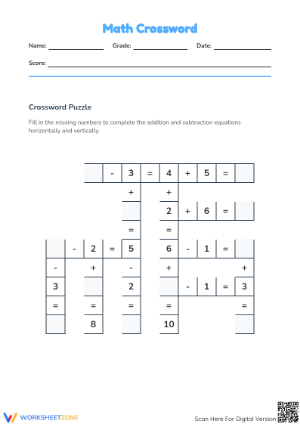 Grade 1 Math Crossword — Printable No-Prep Worksheet