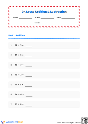 Printable Dr. Seuss Addition and Subtraction: Grade 1-2 Math
