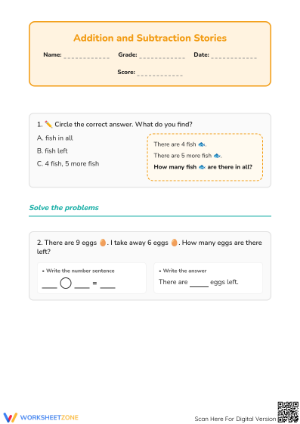 Printable Addition and Subtraction Stories | Grade 1 Math