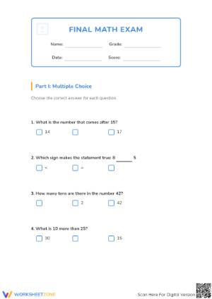 Grade 1 Math Finals Exam: 1.NBT.B.2 Aligned Assessment