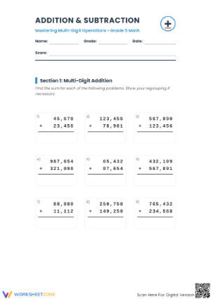 Essential Grade 5 Multi-Digit Addition & Subtraction