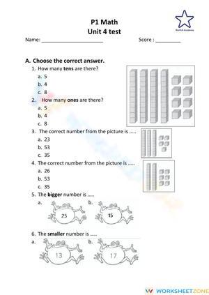 P1 Math Unit 4 Test Worksheet for Practice