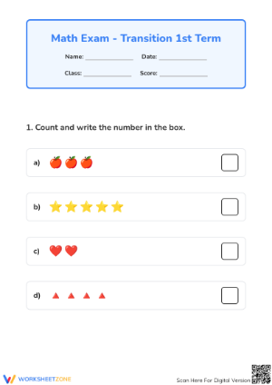 Complete K-1 Math Transition Exam Worksheet | CCSS.MATH.CONTENT.K.CC.B.4