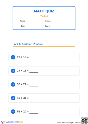 Essential Grade 3 Addition Quiz: Topic 4 Printable