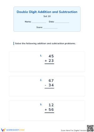 Printable Double Digit Addition and Subtraction Worksheet