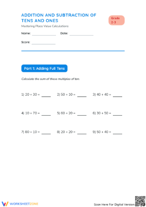 Printable Addition and Subtraction of Tens and Ones
