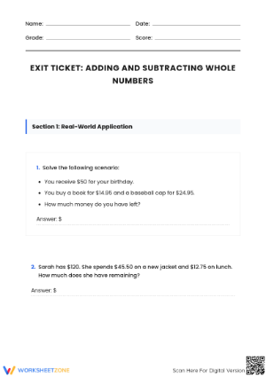 Printable Exit Ticket: Adding & Subtracting Whole Numbers