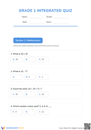 Grade 1 Integrated Quiz: Essential Math & ELA Review