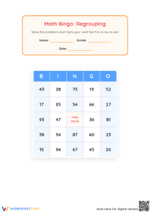 Printable Regrouping Bingo: Addition & Subtraction Card 3