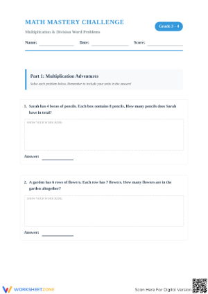 Printable Math Mastery Challenge: Grade 3-4 Word Problems