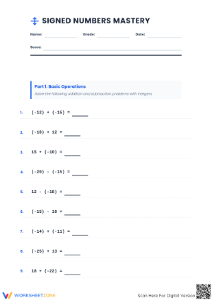 Signed Numbers Mastery Worksheet | Printable Grade 7 Math