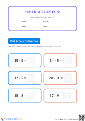 Essential Subtraction within 20 Printable Worksheet - Grade 1
