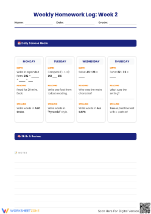 Essential Weekly Homework Log: Week 2 — Grade 3 Math & ELA
