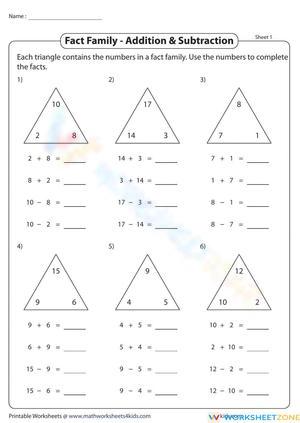 Fact Family Triangle Worksheet for Math Skills
