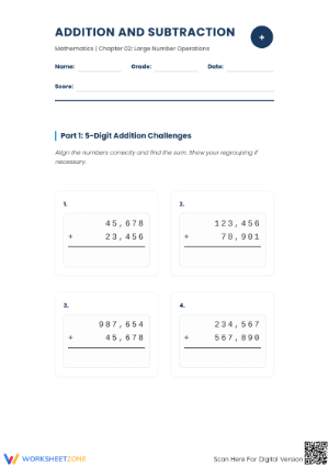 Printable Essential Worksheet: Grade 5 Addition and Subtraction