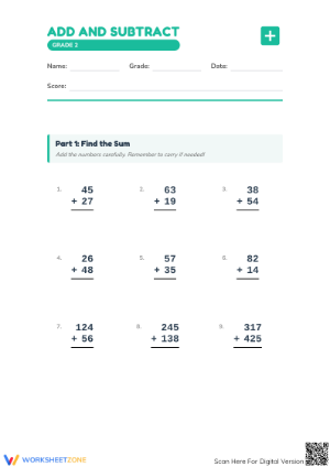 Essential Add and Subtract Worksheet for Grade 2 Students