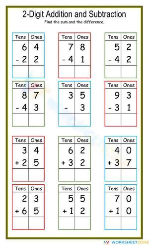 2-Digit Addition & Subtraction Practice Worksheet
