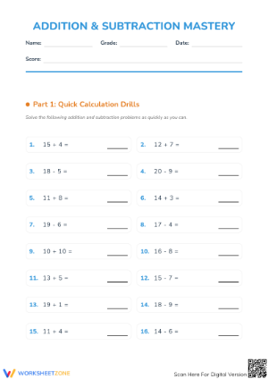 Printable Addition and Subtraction Mastery Worksheet