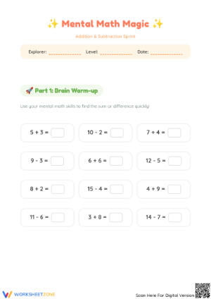 Printable Mental Math Magic: Addition and Subtraction Sprint