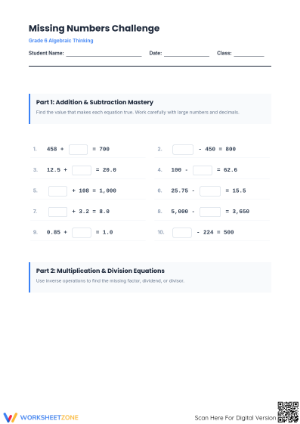 Missing Numbers Challenge Worksheet | Grade 6 Ready