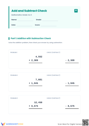 Add and Subtract Check Worksheet | Grade 4-5 Essential