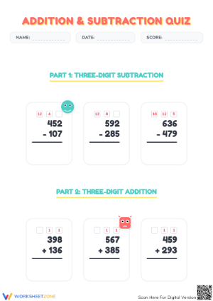 Grade 3 Addition and Subtraction — Printable No-Prep Quiz