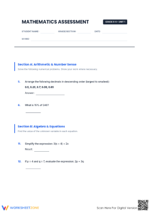 Printable Math Assessment: Grades 6-9 Comprehensive Unit 1
