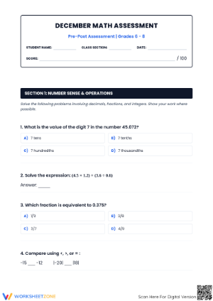 Essential Grade 6-8 Math Assessment | Aligned Worksheet