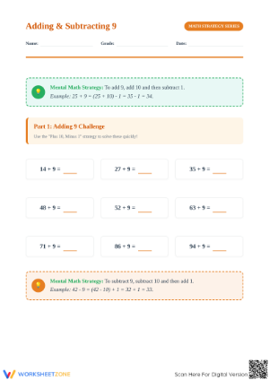 Essential Mental Math: Adding and Subtracting 9 Worksheet