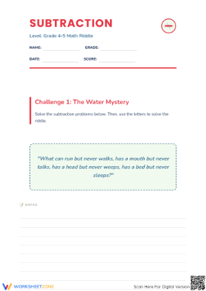 Essential Subtraction Riddles Worksheet for Grades 4-5 (Printable)