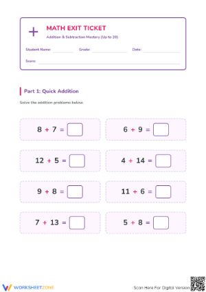 Essential Addition and Subtraction to 20 Exit Ticket