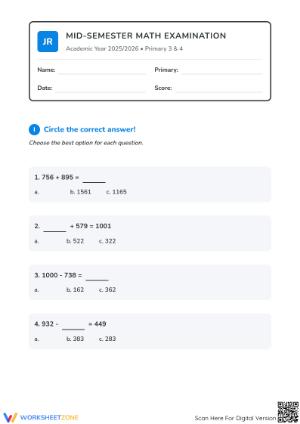 Mid-Semester Math Examination | Essential Grade 3-4 Aligned