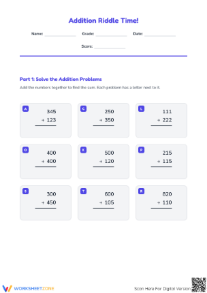 Printable Addition Riddle Worksheet | Grade 3 Math