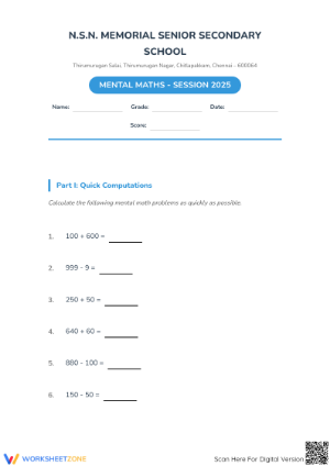 Printable Mental Math Addition & Subtraction | Grade 3 Math