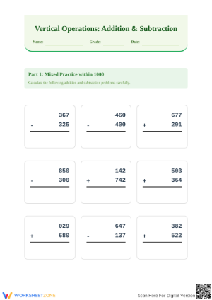 Printable Addition and Subtraction within 1000 Worksheet