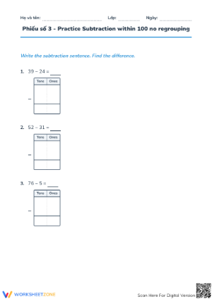 Subtraction within 100 Worksheet | Essential Grade 2 Math