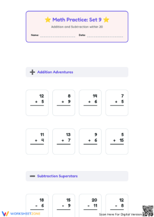 Addition and Subtraction to 20 Worksheet | Ready Math