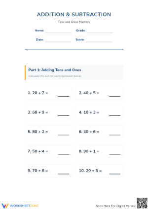 Printable Tens and Ones Addition and Subtraction Worksheet
