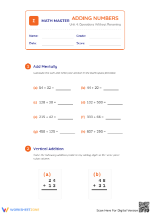 Printable Unit 4 Math Worksheet: Adding Without Renaming