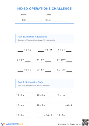 Grade 1 Mixed Operations — Printable No-Prep Worksheet