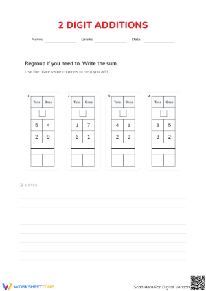 2-Digit Addition with Regrouping Essential Worksheet