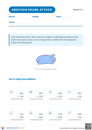Printable Shark Addition Riddle Worksheet | Grade 6-7 Math