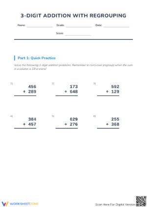 Printable 3-Digit Addition with Regrouping Worksheet