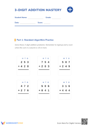 Printable 3-Digit Addition Mastery Worksheet for Grades 2-3
