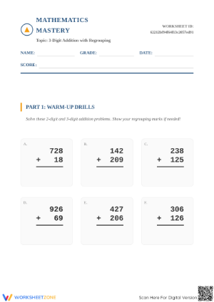 Printable 3-Digit Addition with Regrouping — Grade 2-3