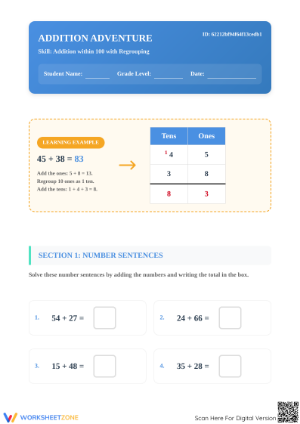 Printable Addition with Regrouping Worksheet | Grade 2-3