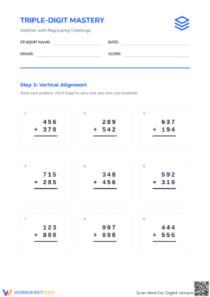 Printable 3-Digit Addition with Regrouping Mastery Worksheet